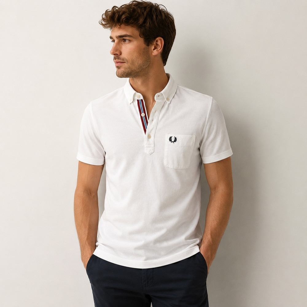 Fred Perry Men Slim Fit White Button Down Collar Wreath Logo Polo Shirt S Cotton